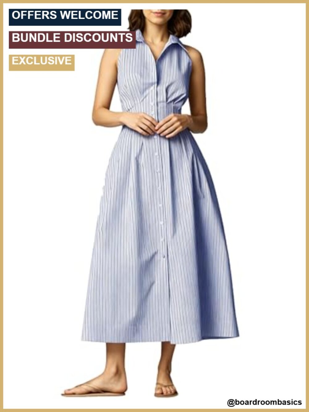 Striped Cinched Waist Button Down Shirt Maxi Dress Sleeveless Collared Flowy